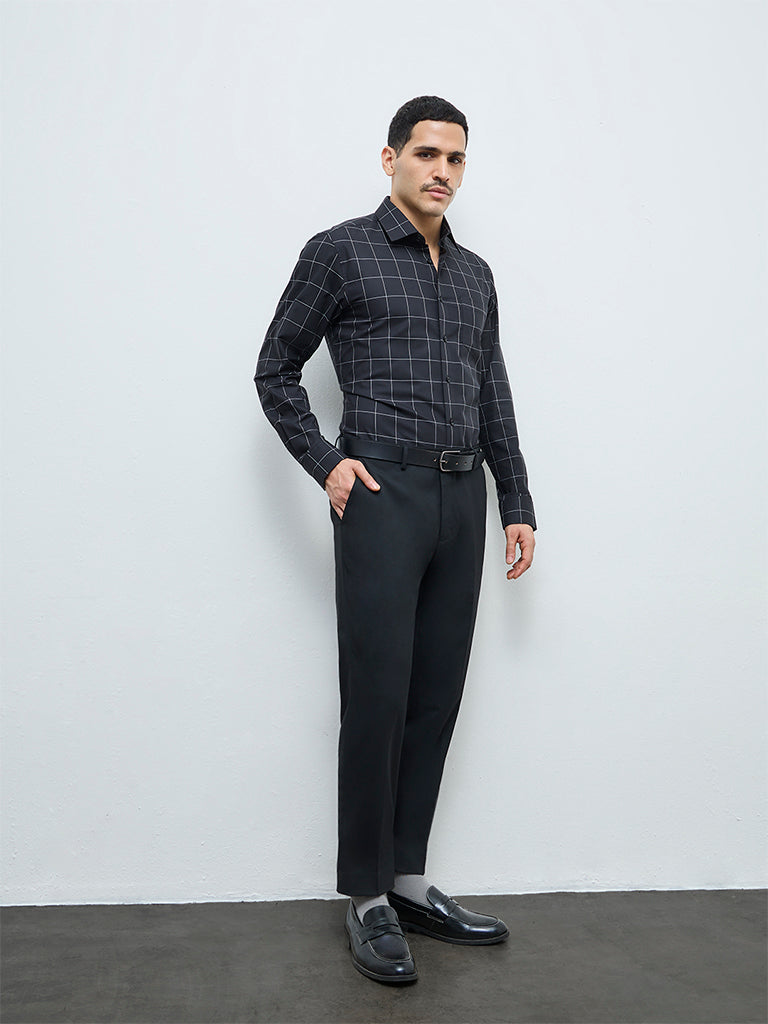 WES Formals Black Checked Ultra Slim-Fit Cotton Shirt