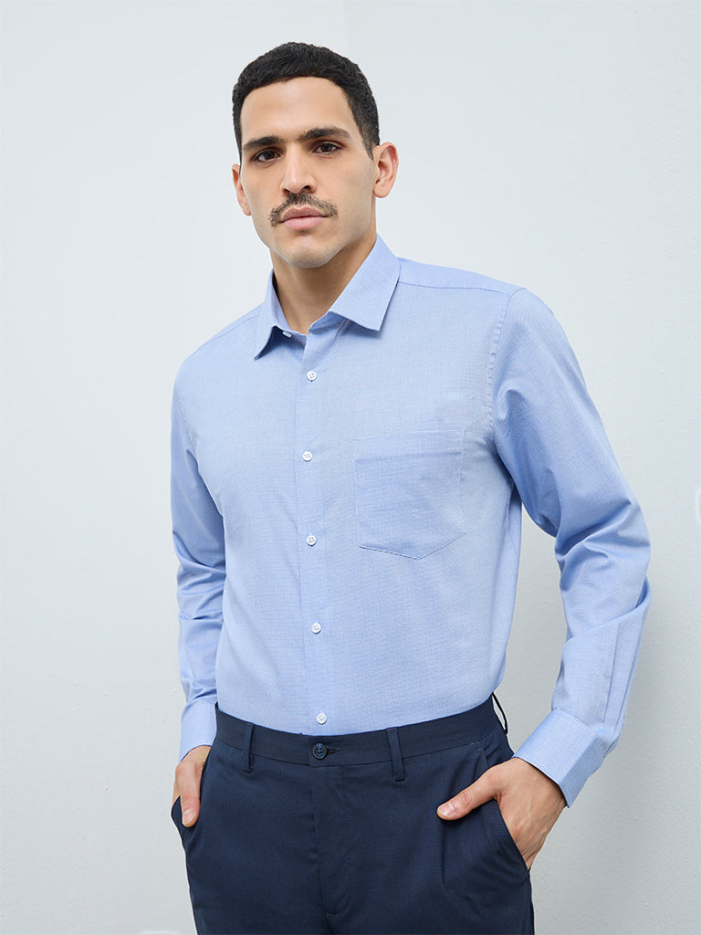 WES Formals Blue Solid Slim-Fit Cotton Shirt