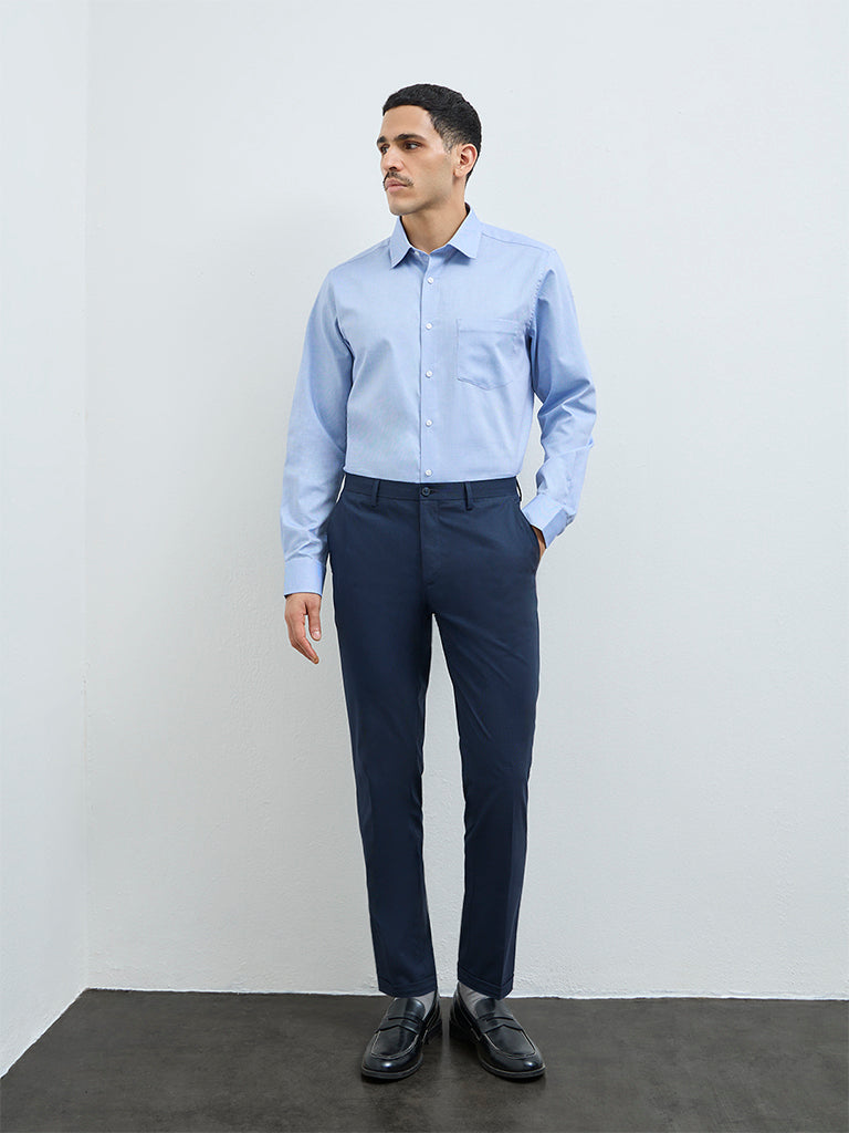 WES Formals Blue Solid Slim-Fit Cotton Shirt