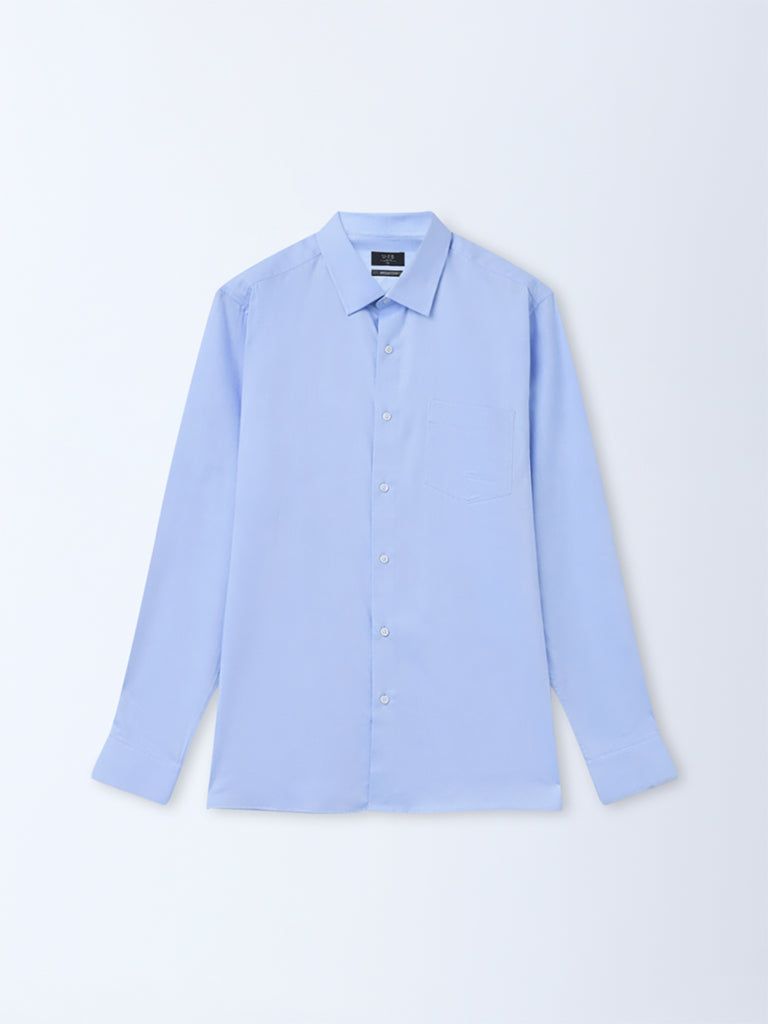 WES Formals Blue Solid Slim-Fit Cotton Shirt