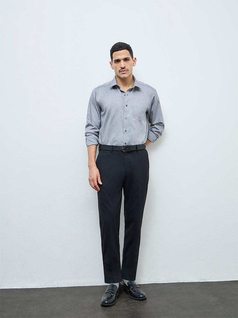 WES Formals Dark Grey Solid Slim-Fit Cotton Shirt