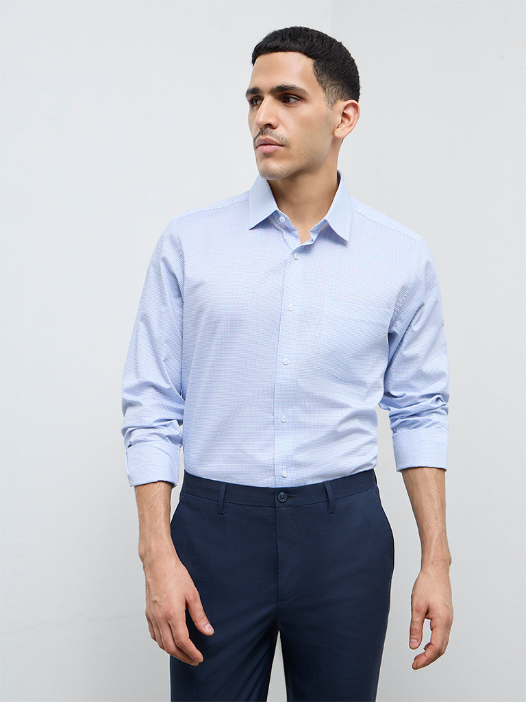 WES Formals Blue Checkered Slim-Fit Cotton Shirt