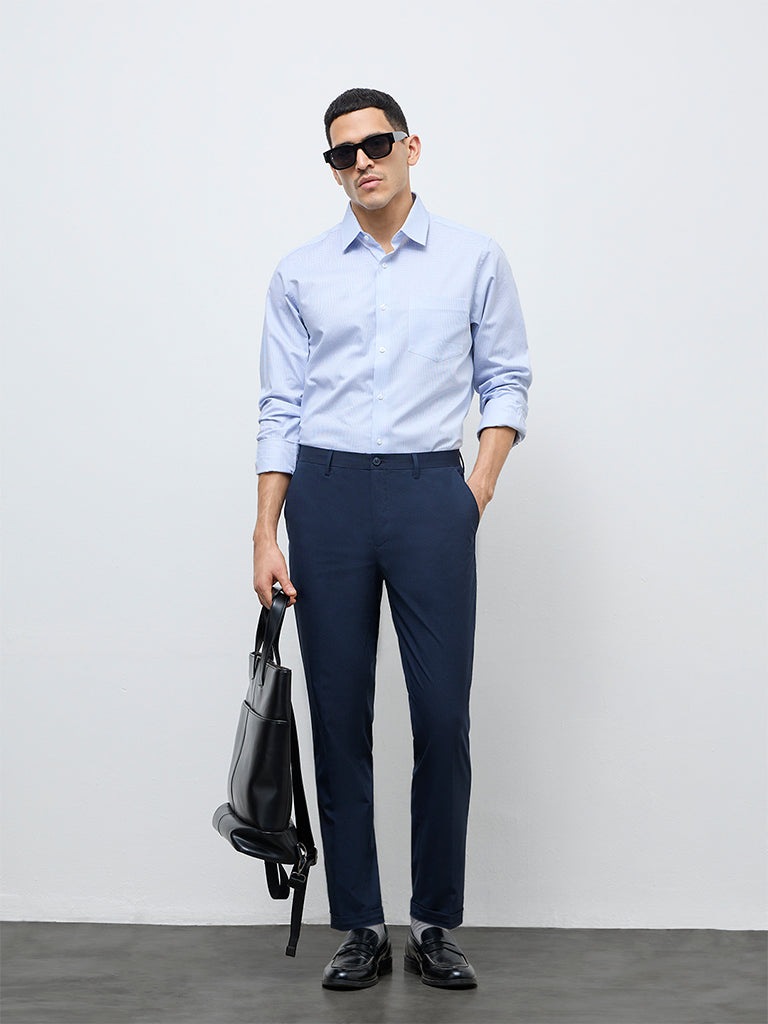 WES Formals Blue Checkered Slim-Fit Cotton Shirt