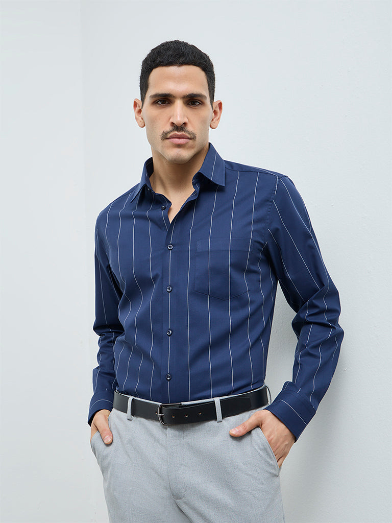 WES Formals Navy Striped Slim-Fit Cotton Shirt