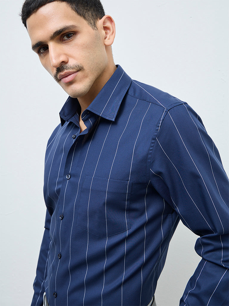WES Formals Navy Striped Slim-Fit Cotton Shirt
