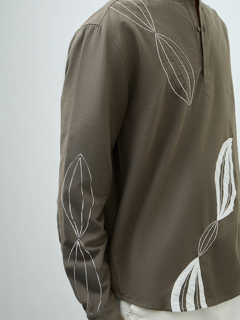 ETA Olive Embroidered Relaxed-Fit Cotton Shirt