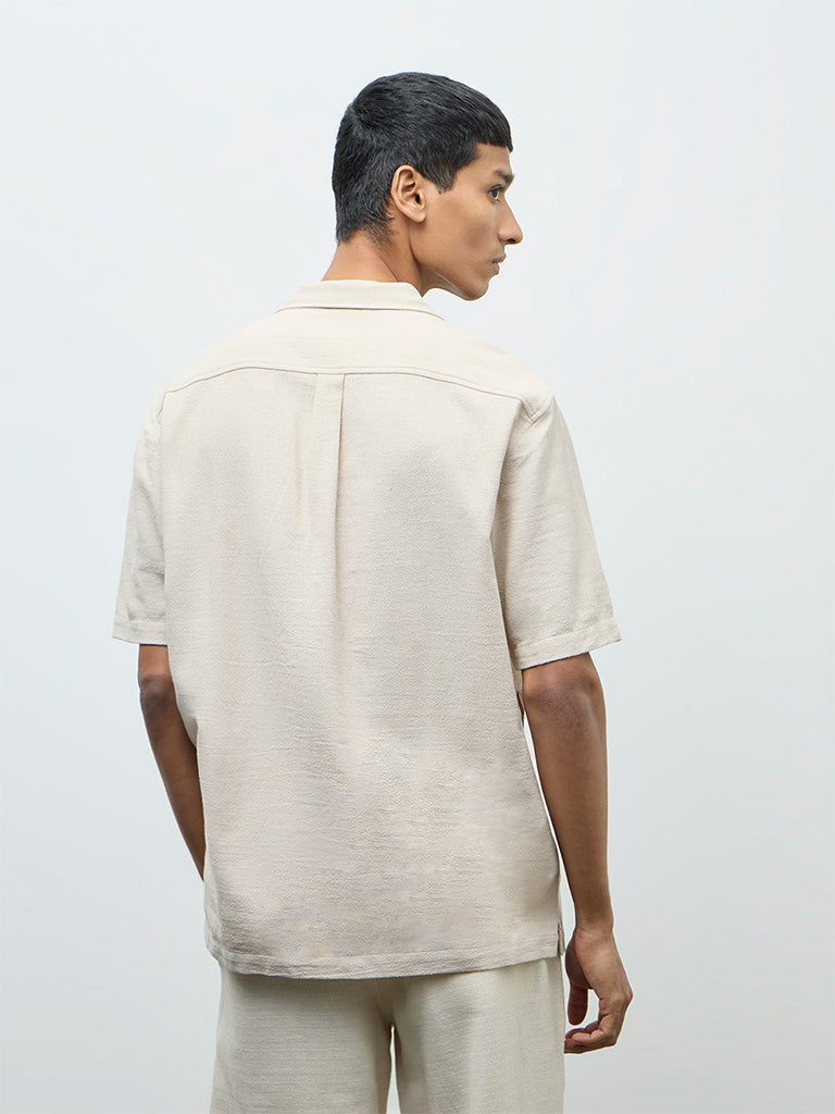 ETA Beige Floral Embroidered Relaxed-Fit Cotton Shirt
