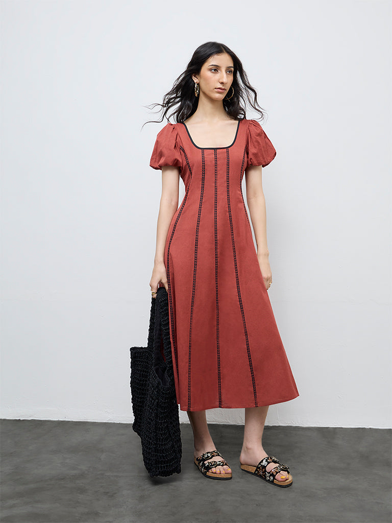 Bombay Paisley Red Striped Cotton-Blend A-Line Dress
