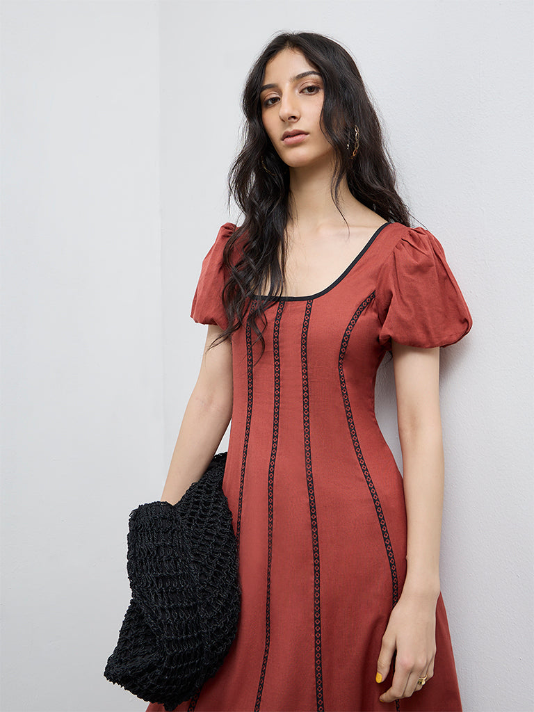 Bombay Paisley Red Striped Cotton-Blend A-Line Dress