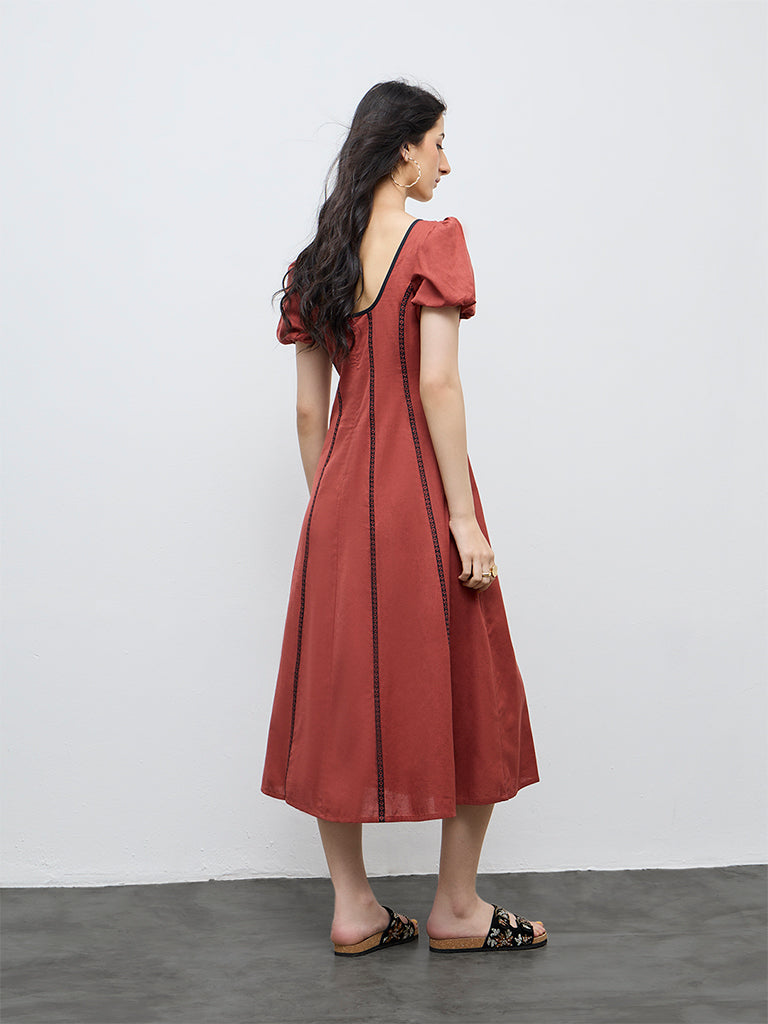 Bombay Paisley Red Striped Cotton-Blend A-Line Dress