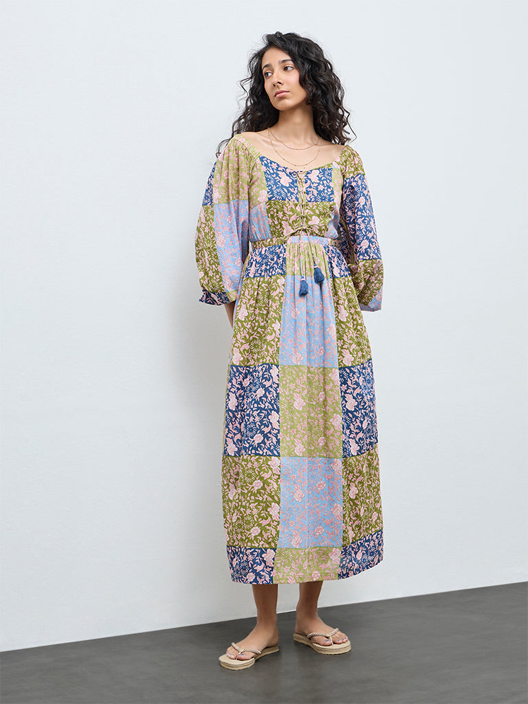 Bombay Paisley Multicolour Floral Pattern Cotton A-Line Dress