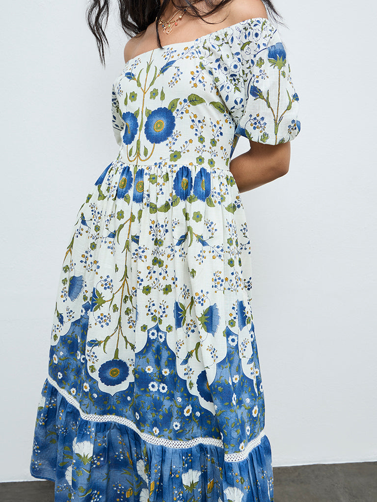 Bombay Paisley Off-White Floral Cotton Tiered Dress