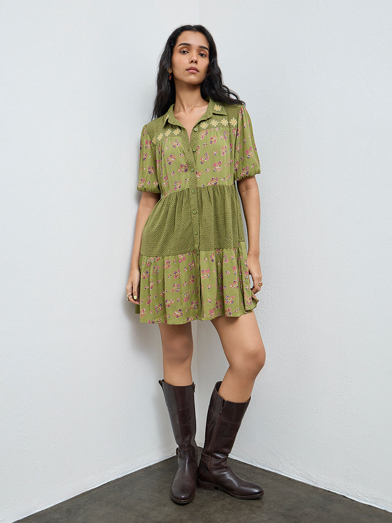 Bombay Paisley Green Floral Design Shirt Dress