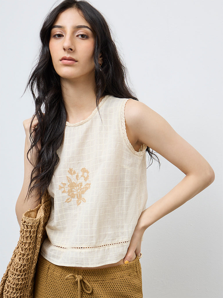 Bombay Paisley Off-White Floral Embroidered Cotton Top