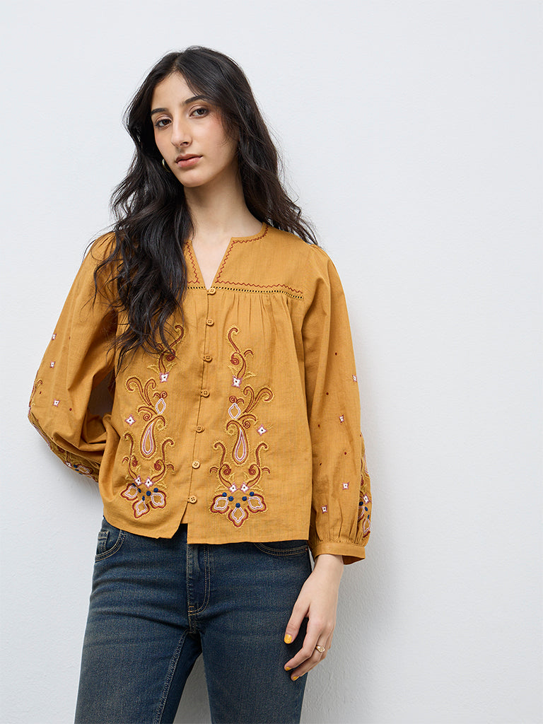Bombay Paisley Yellow Embroidered Cotton Top