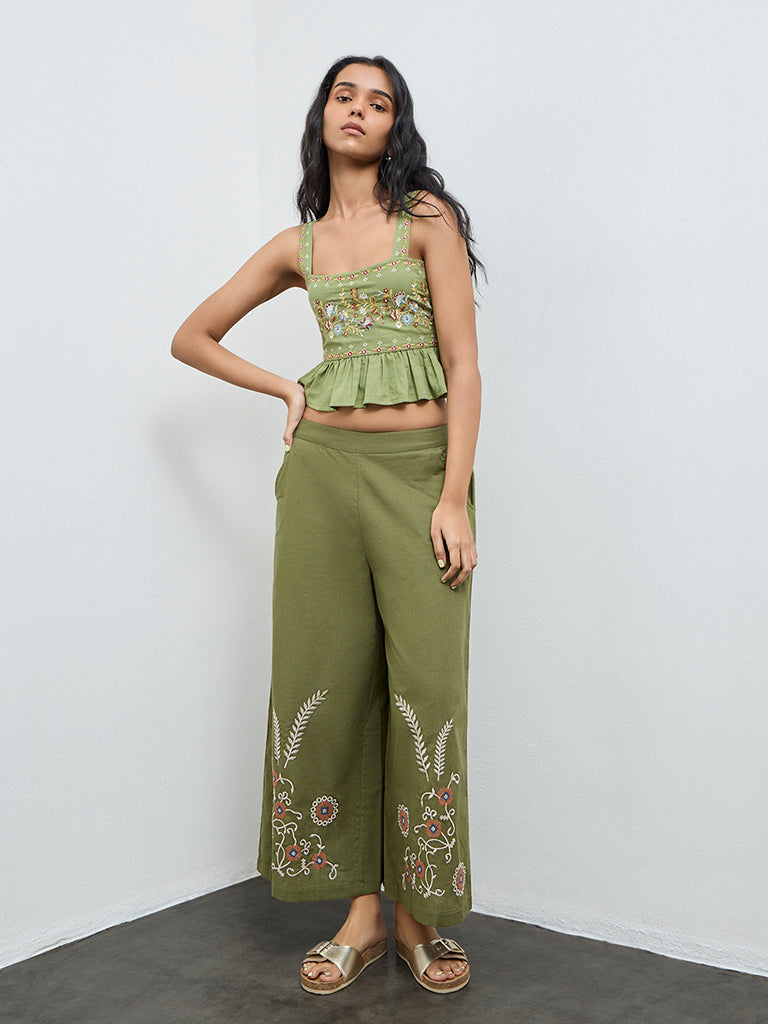 Bombay Paisley Green Floral Embroidered Cotton Top
