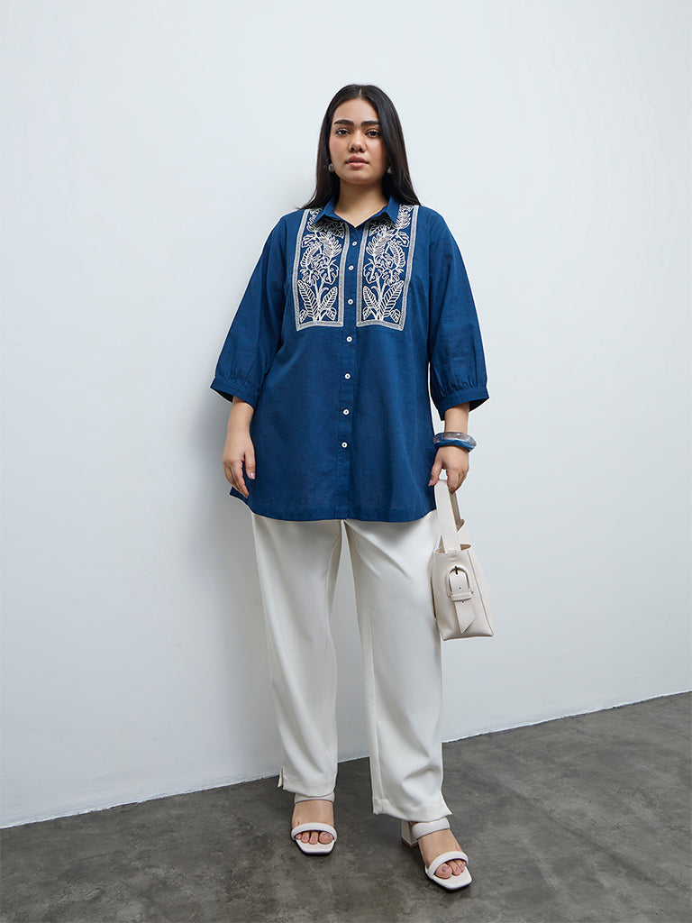 Diza Indigo Floral Embroidered Cotton Tunic