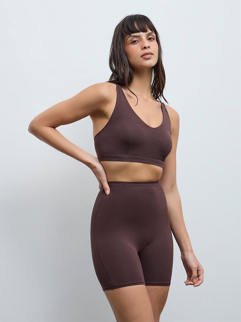 Wunderlove Dark Brown High-Rise Cotton-Blend Cycling Shorts