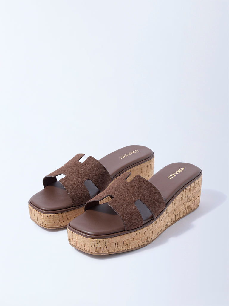 LUNA BLU Brown Suede Platform Wedge Sandals