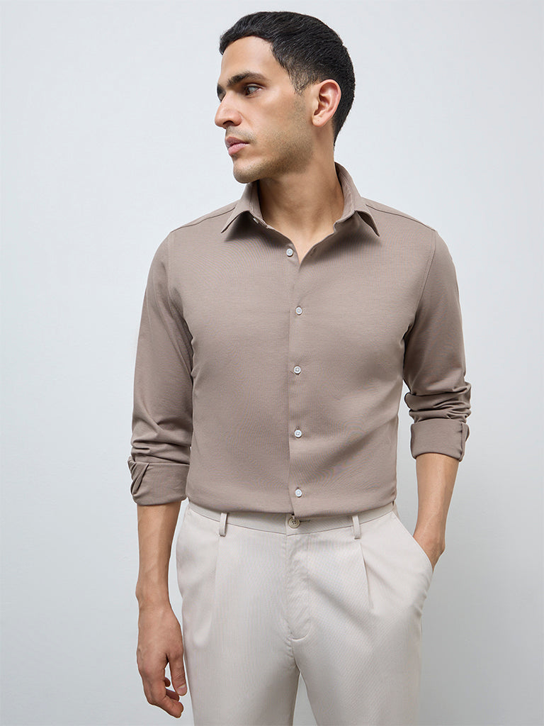 WES Formals Taupe Solid Slim-Fit Cotton-Blend Shirt