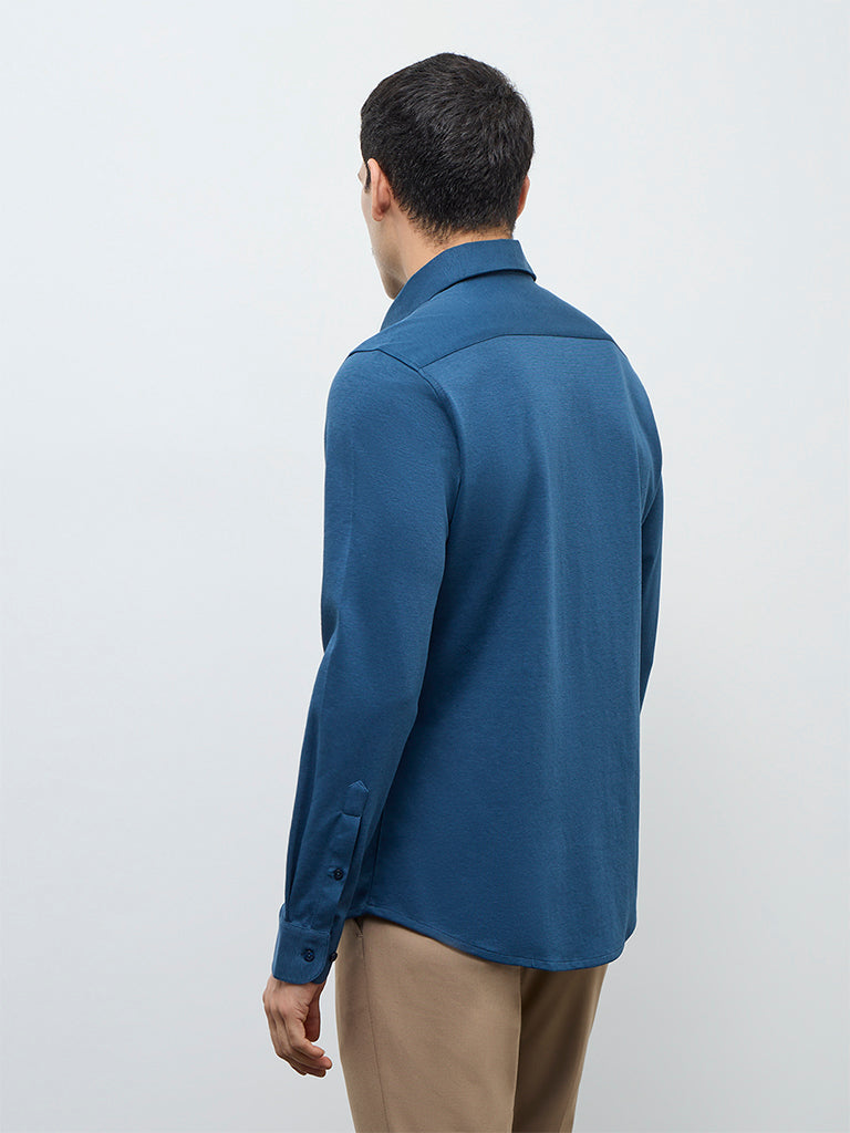 WES Formals Teal Solid Slim-Fit Cotton-Blend Shirt