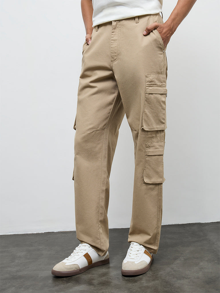 Nuon Beige Relaxed-Fit Mid-Rise Cotton Cargo Pants
