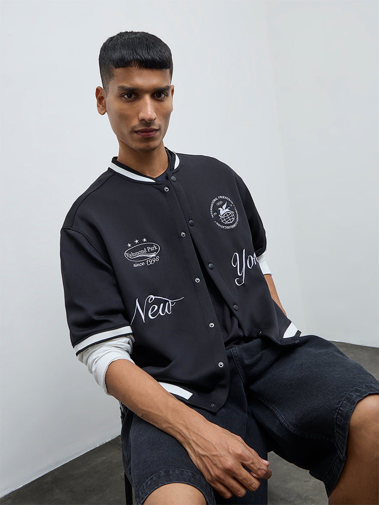 Nuon Black Text Detailed Relaxed-Fit Shirt