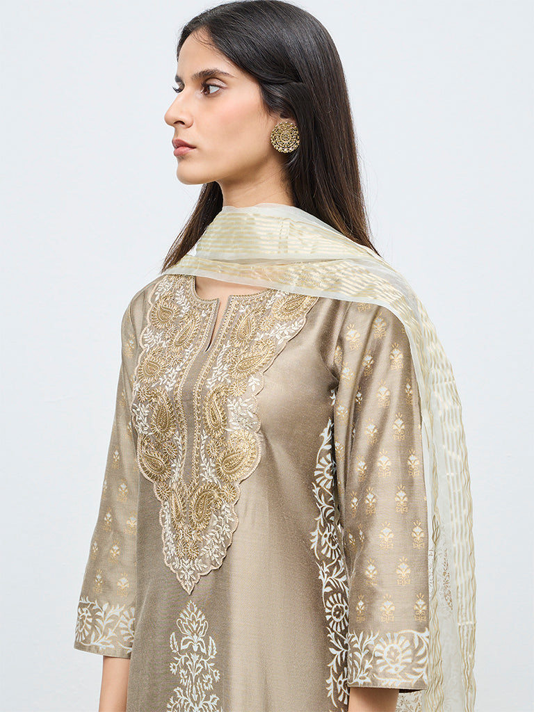 Vark Beige Embroidered A-Line Ethnic Set