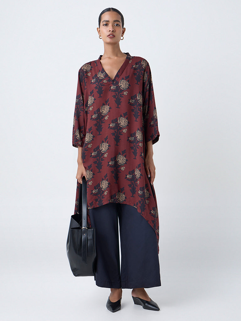 Zuba Brown Floral Pattern A-Line Kurta