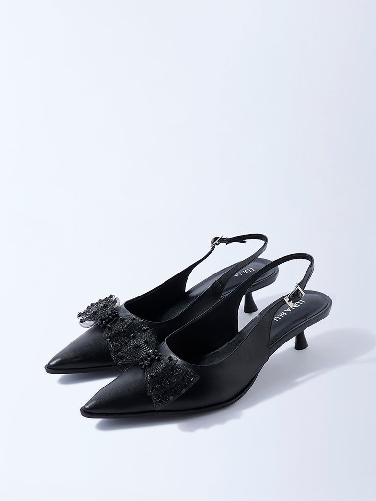LUNA BLU Black Bow-Detailed Slingback Mules