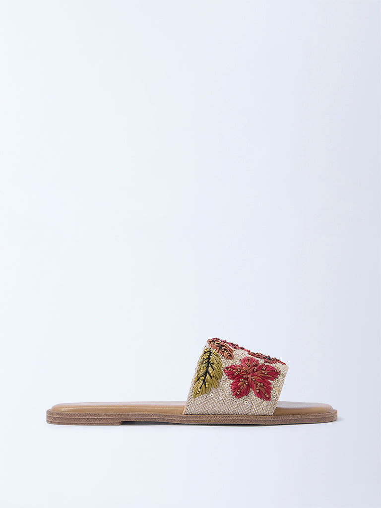 LUNA BLU Beige Embroidered Slides