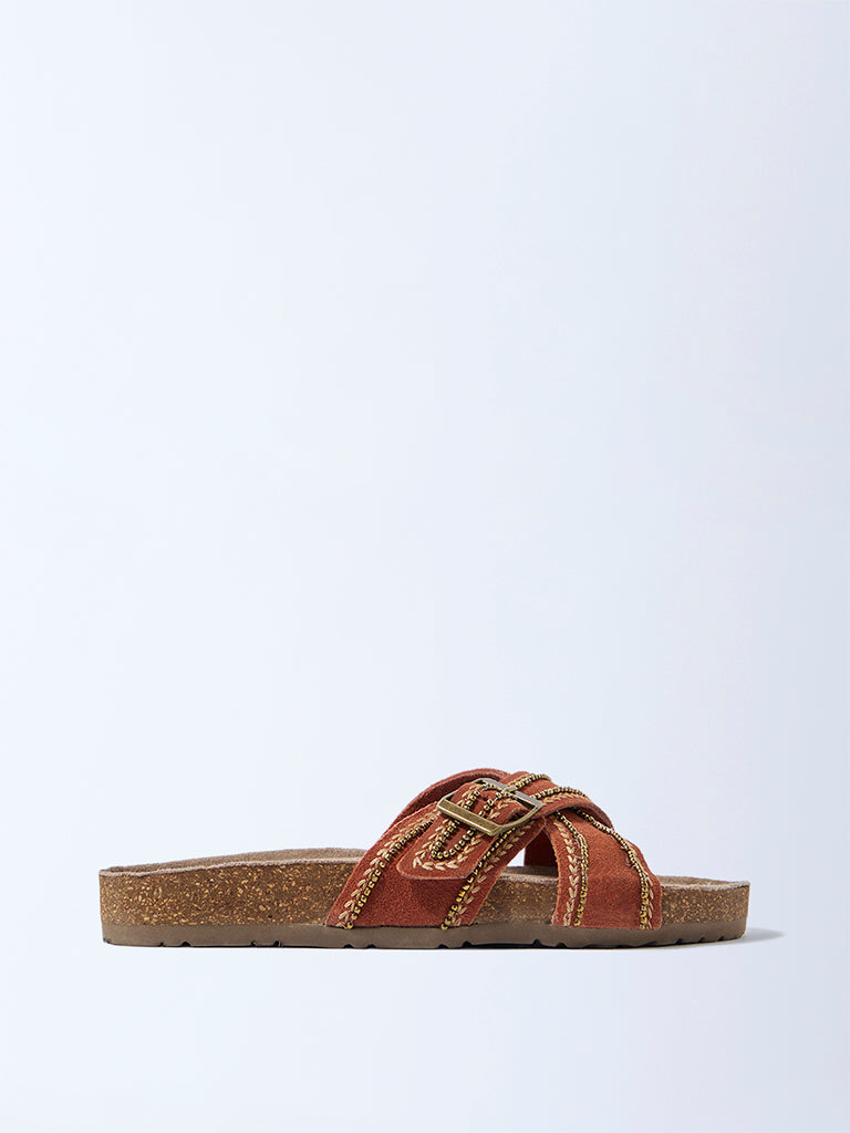 LUNA BLU Rust Criss-Cross Suede Leather Sandals
