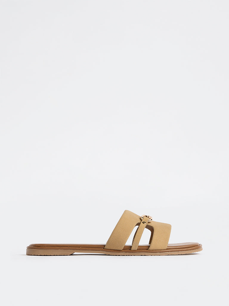 LUNA BLU Brown Chain-Detailed Slides