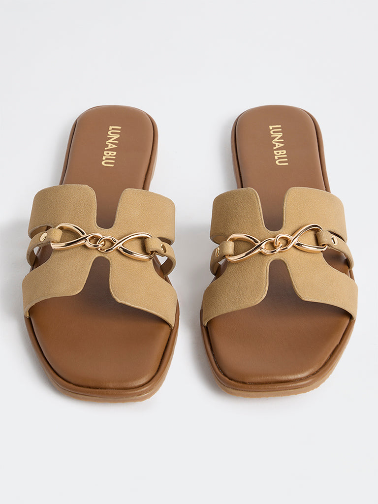 LUNA BLU Brown Chain-Detailed Slides