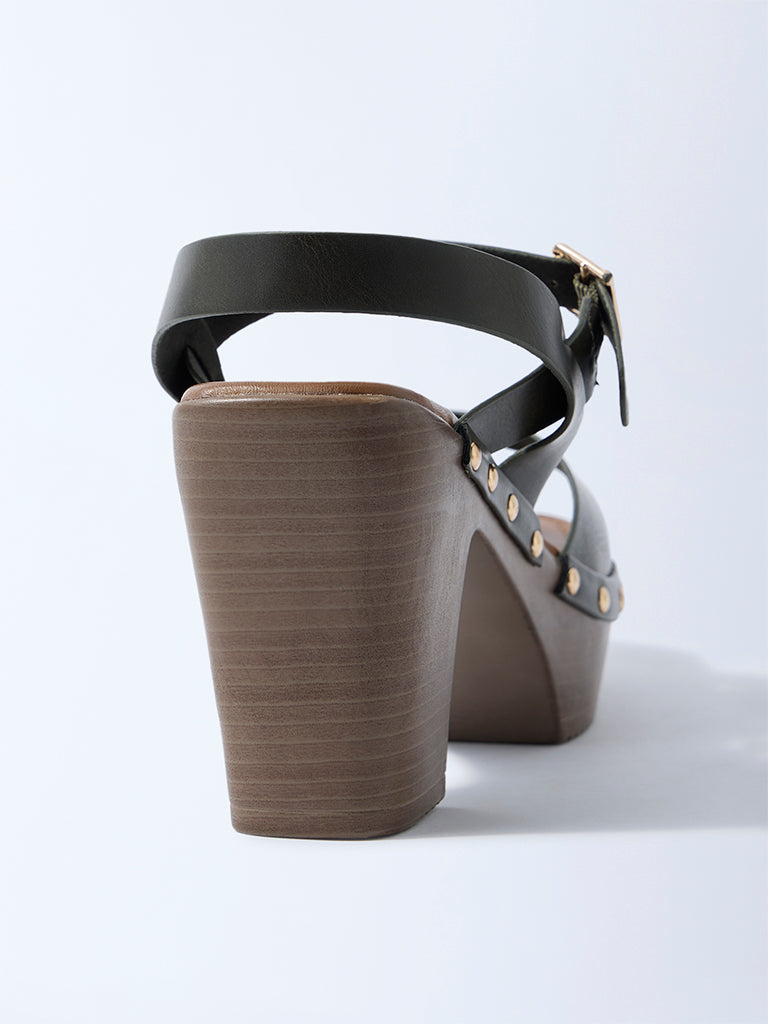 LUNA BLU Olive Stud-Detailed Block-Heel Sandals