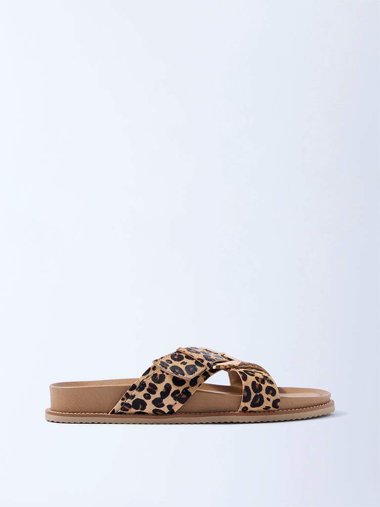 LUNA BLU Beige Animal Printed Criss-Cross Comfort Sandals