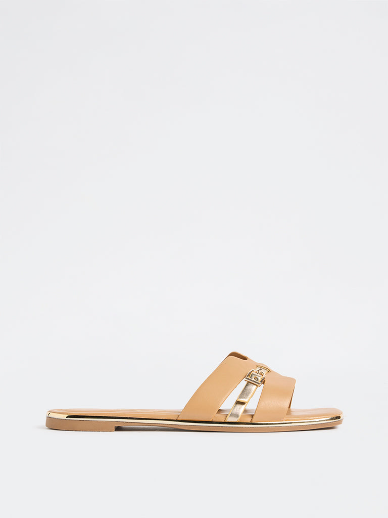 LUNA BLU Beige Buckle-Detailed Slides