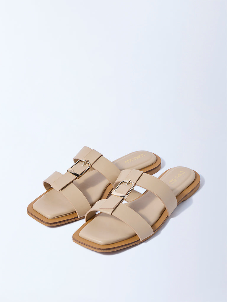 LUNA BLU Cream Buckle-Detailed Slides