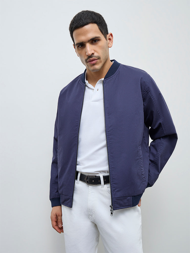 WES Casuals Navy Solid Relaxed-Fit Cotton Jacket