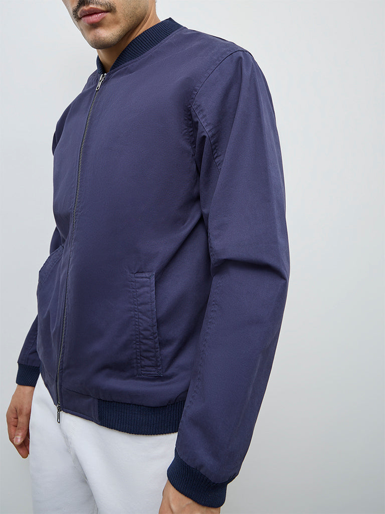 WES Casuals Navy Solid Relaxed-Fit Cotton Jacket