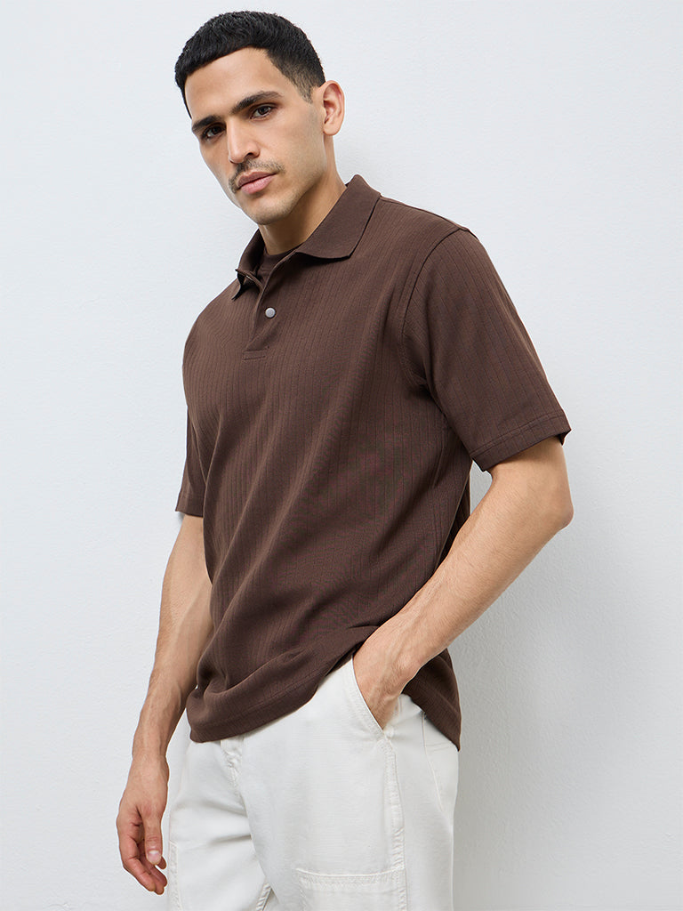 WES Casuals Dark Brown Textured Slim-Fit T-Shirt