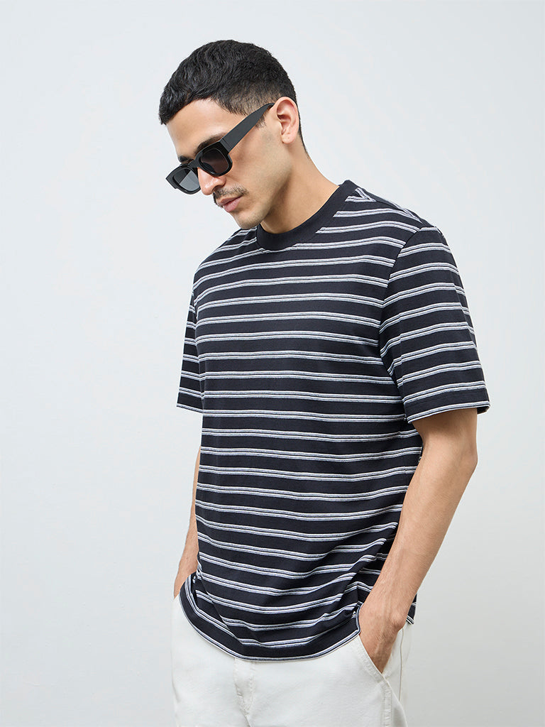 WES Casuals Black Striped Relaxed-Fit Cotton T-Shirt