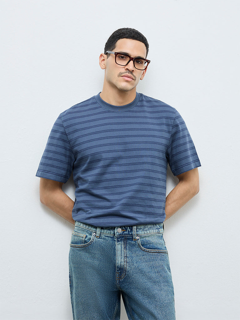WES Casuals Blue Striped Relaxed-Fit Cotton T-Shirt