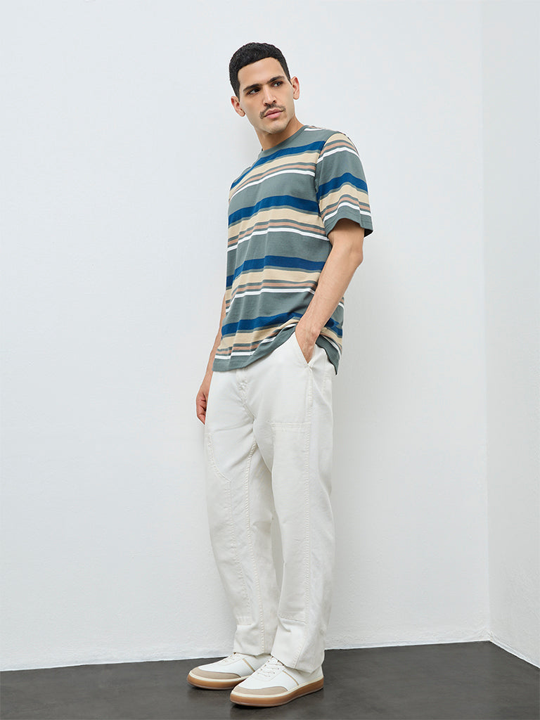 WES Casuals Sage Striped Relaxed-Fit Cotton T-Shirt