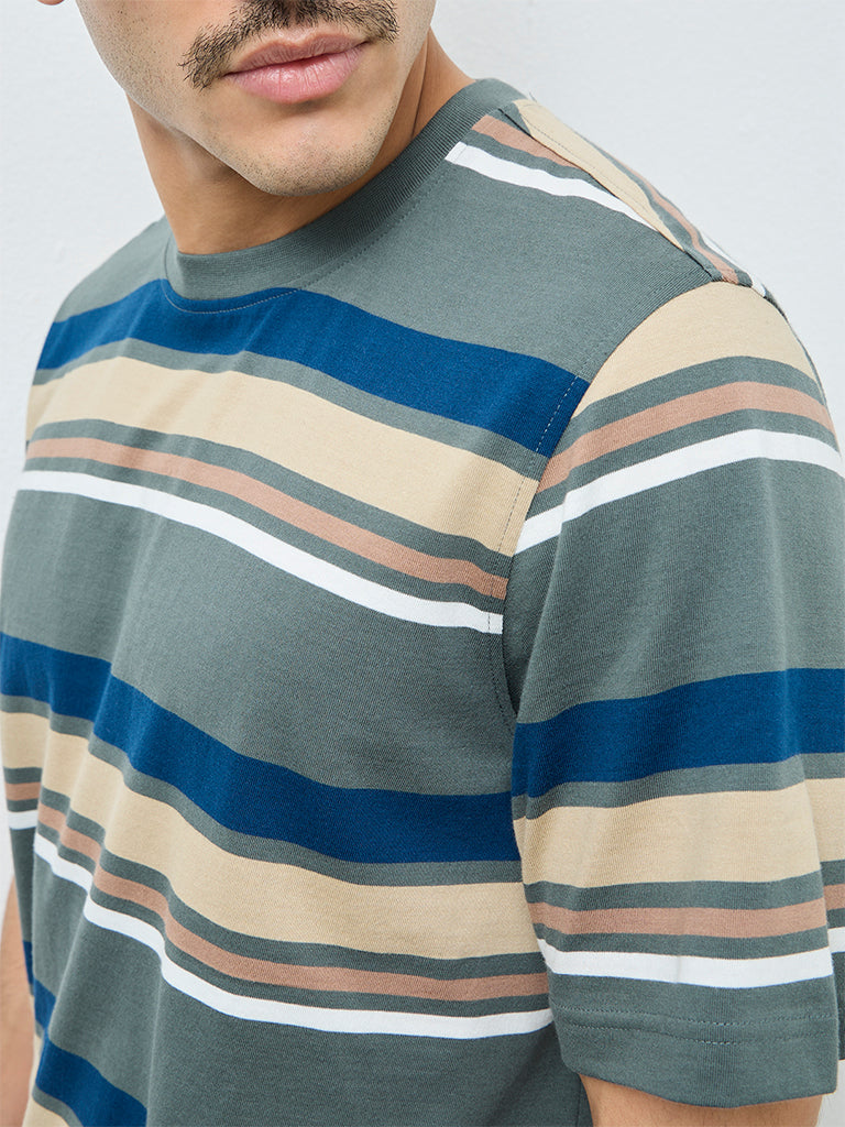 WES Casuals Sage Striped Relaxed-Fit Cotton T-Shirt