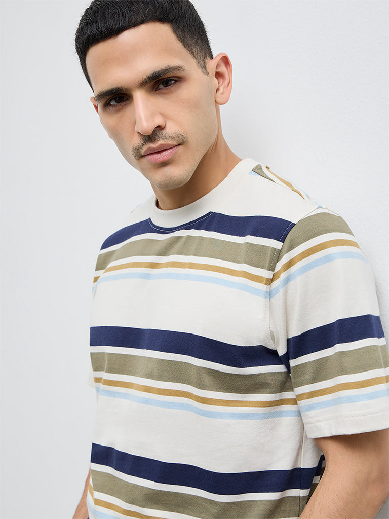 WES Casuals Beige Striped Relaxed Fit Cotton T-Shirt