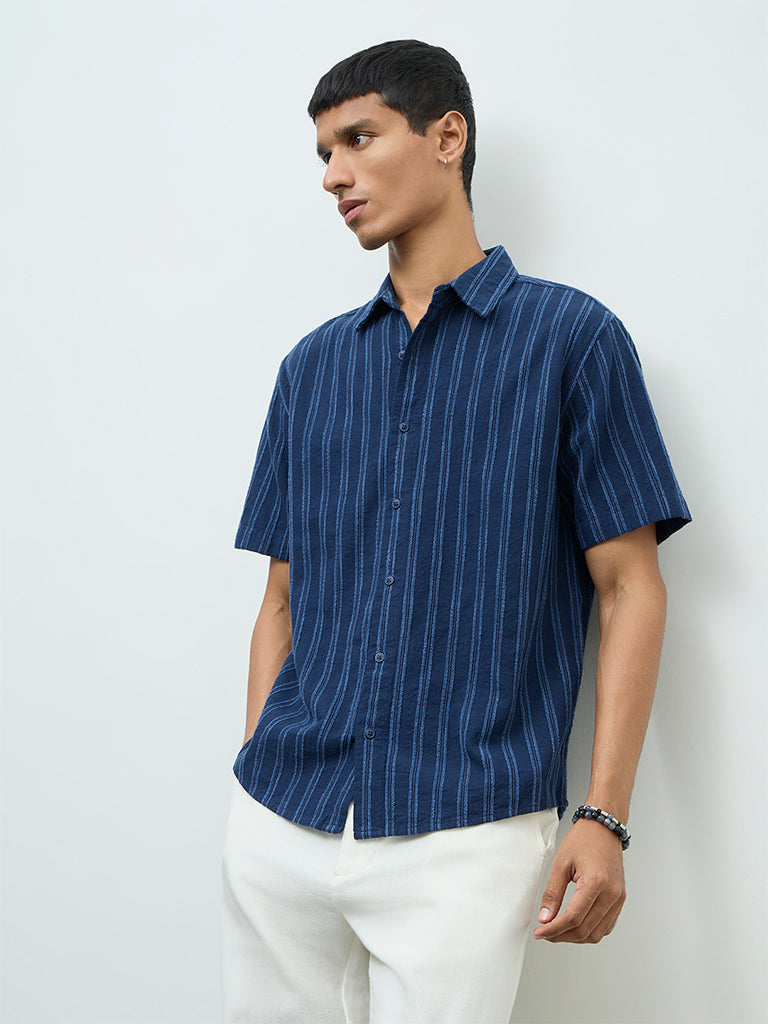 ETA Indigo Striped Printed Relaxed-Fit Cotton-Blend Shirt