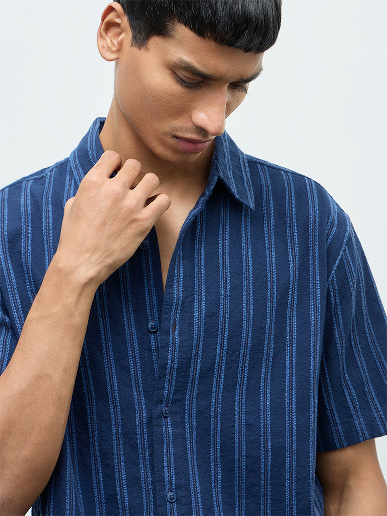 ETA Indigo Striped Printed Relaxed-Fit Cotton-Blend Shirt