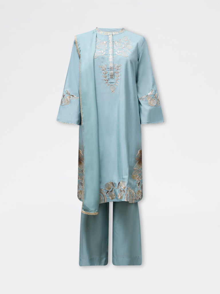 Vark Aqua Embroidered A-Line Ethnic Set