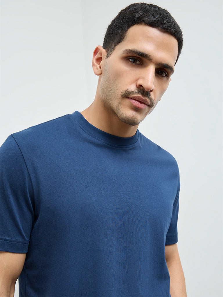 WES Casuals Indigo Solid Slim-Fit Cotton T-Shirt